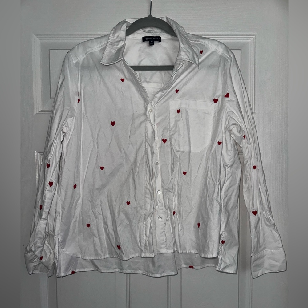 Women's White Button Down Shirt with Red Heart Accents